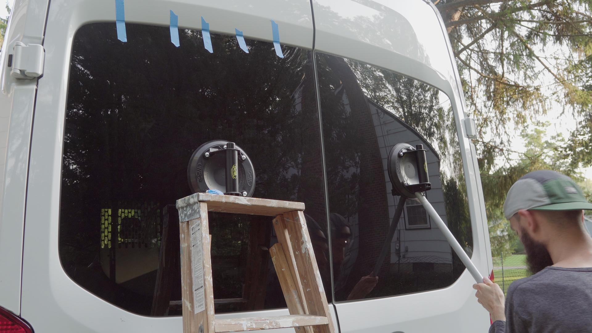 Van Life Rear Door Bonded Windows Install Ford Transit Bracing Window Suction Grips