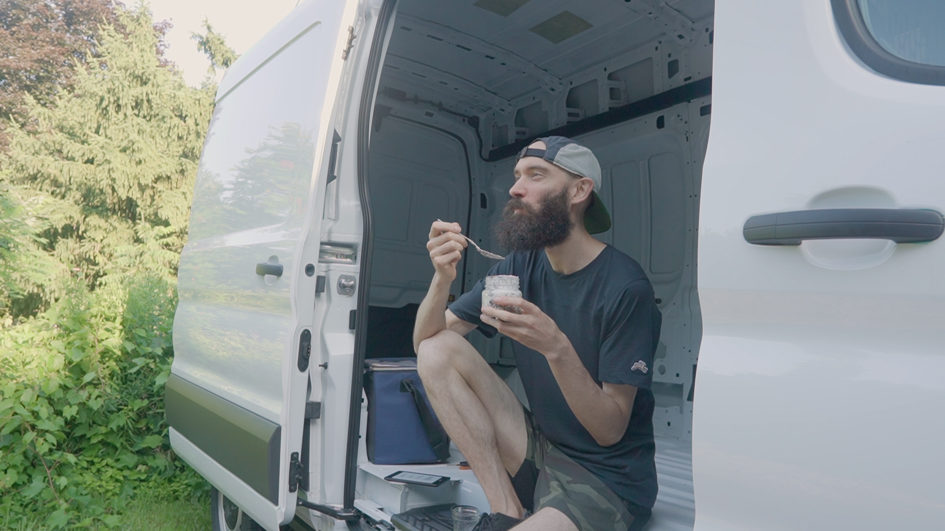 Van Life Day One Andrew Folts Sitting Cargo Door Open Yogurt Sprouted Granola Trail